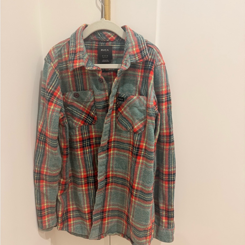 RVCA Men's Casual Plaid Shirt - Red and Gray